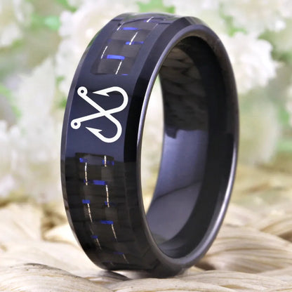 8mm Fishing Hooks With Carbon Fiber Inlay Black Tungsten Unisex Ring
