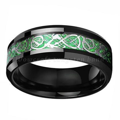 8mm Celtic Dragon Green Carbon Fibre Black Men's Ring