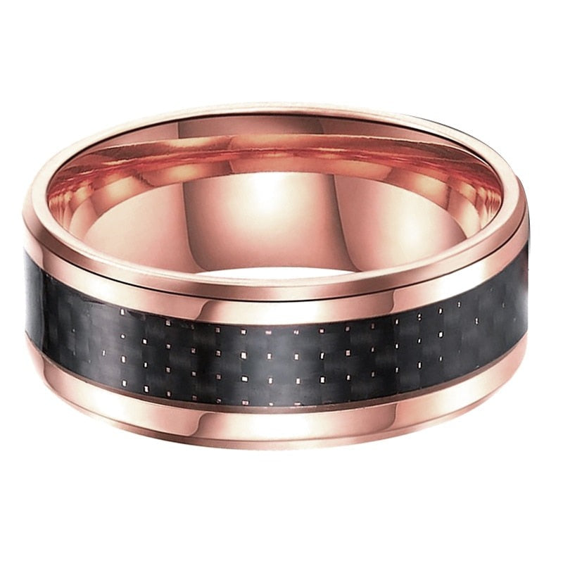 Tungsten Black Carbon Fibre Inlay Rose Gold Unisex Rings