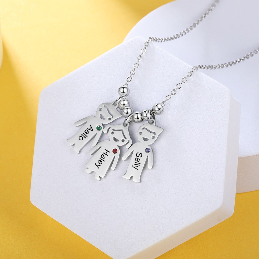1 to 5 Personalized Engraved Children's Names & Birthstones Pendant Women's Necklace
