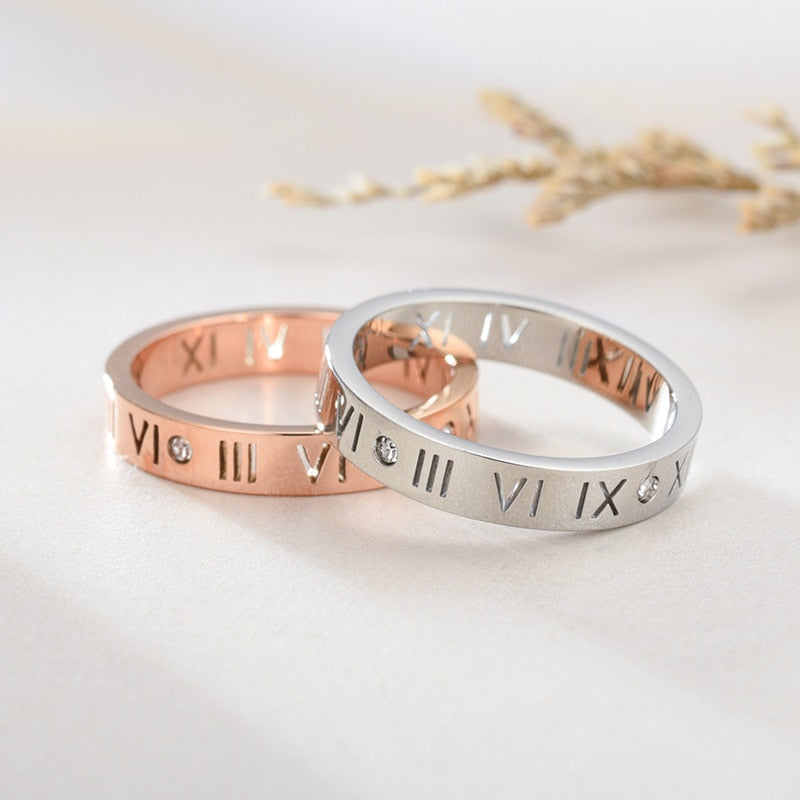 4mm Roman Numerals & CZ Stone Stainless Steel Unisex Rings