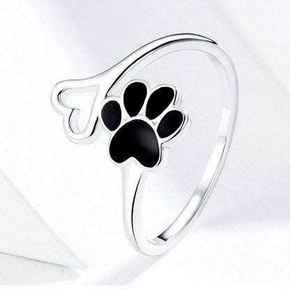 Pet Cat Dog Black Paw Print Heart Sterling Silver 925 Adjustable Women's Ring