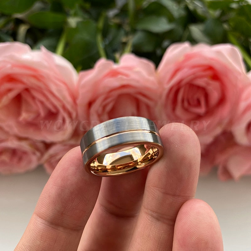 8mm Off-Set Rose Gold Groove Flat Brushed Silver Men's Ring