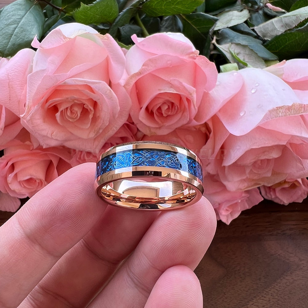 8mm Blue Dragon Carbon Fibre Inlay Rose Gold Tungsten Men's Ring