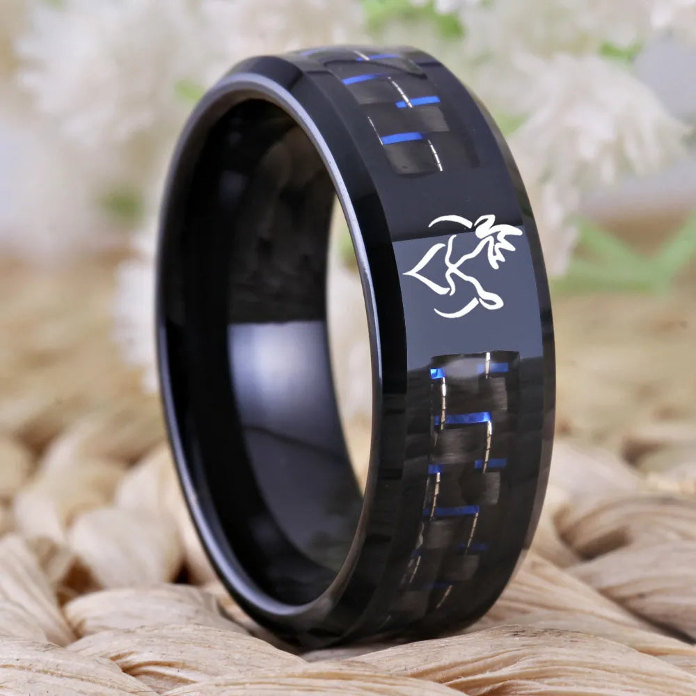 8mm Buck & Doe With Carbon Fibre Inlay Black Tungsten Unisex Ring