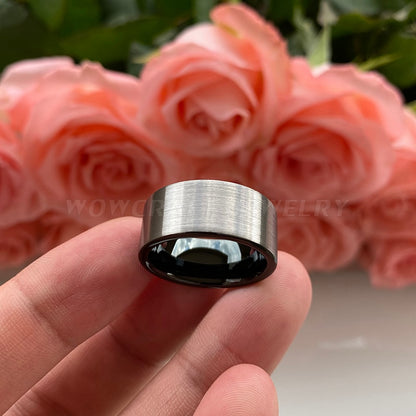 10mm Silver Matte Brushed & Black Tungsten Men's Ring