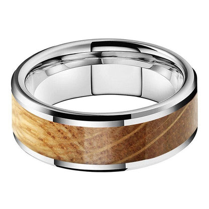 8mm Whisky Barrel Oak Wood Beveled Edges Tungsten Men's Ring