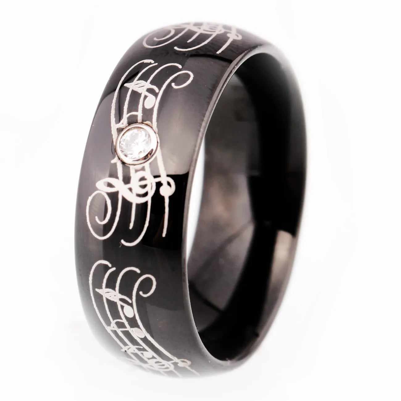8mm Melody Musical Notes Musician CZ Stone & Black Unisex Ring