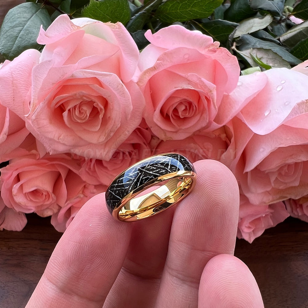6mm Black Meteorite Inlay & Gold Color Polished Unisex Ring