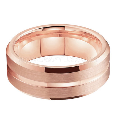 6mm, 8mm Center Grooved Rose Gold Tungsten Unisex Ring