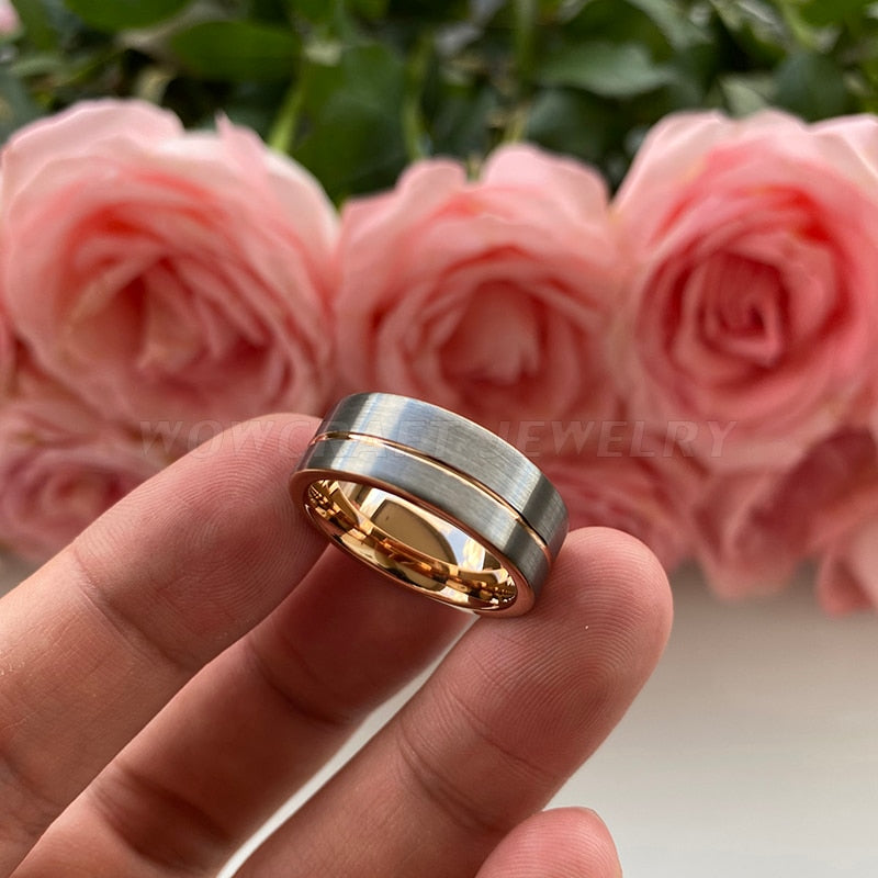 8mm Off-Set Rose Gold Groove Flat Brushed Silver Men's Ring