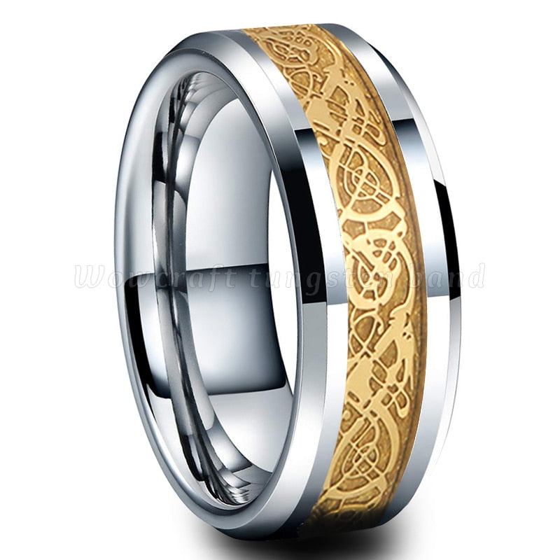 8mm Gold Dragon Inlay Silver Tungsten Men's Ring