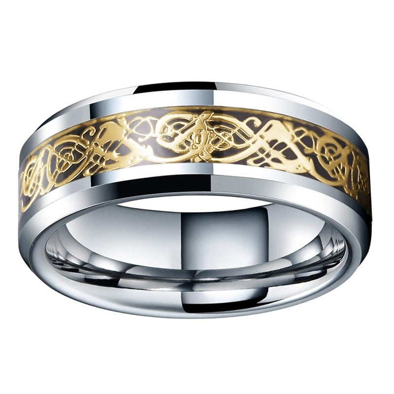 8mm Gold Dragon Black Carbon Fibre Inlay Silver Tungsten Men's Ring