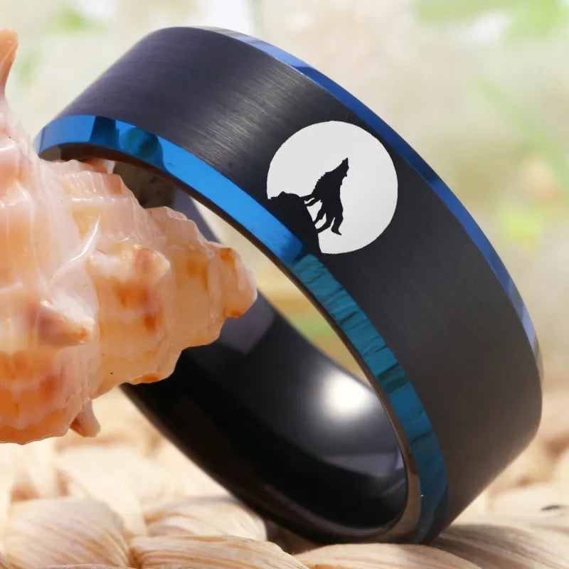 8mm Wolf Howling At The Moon Blue & Black Unisex Ring