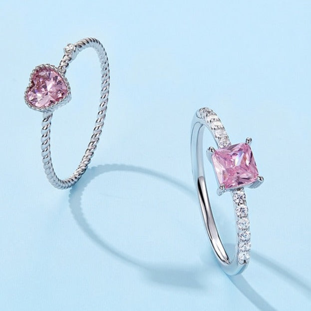 Pink Heart & Pink Square Cut CZ 925 Sterling Silver Women's Rings