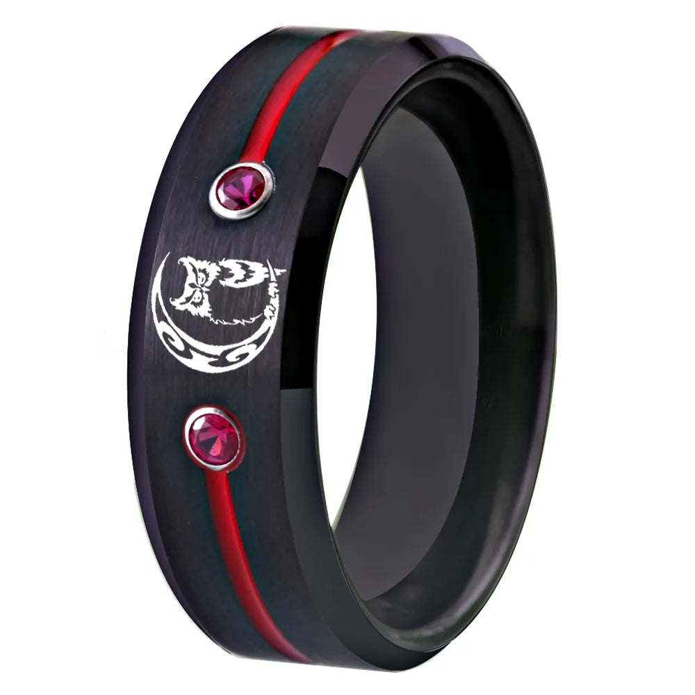 Owl With Moon & Cubic Zirconias Black Tungsten Unisex Ring (3 Colors)