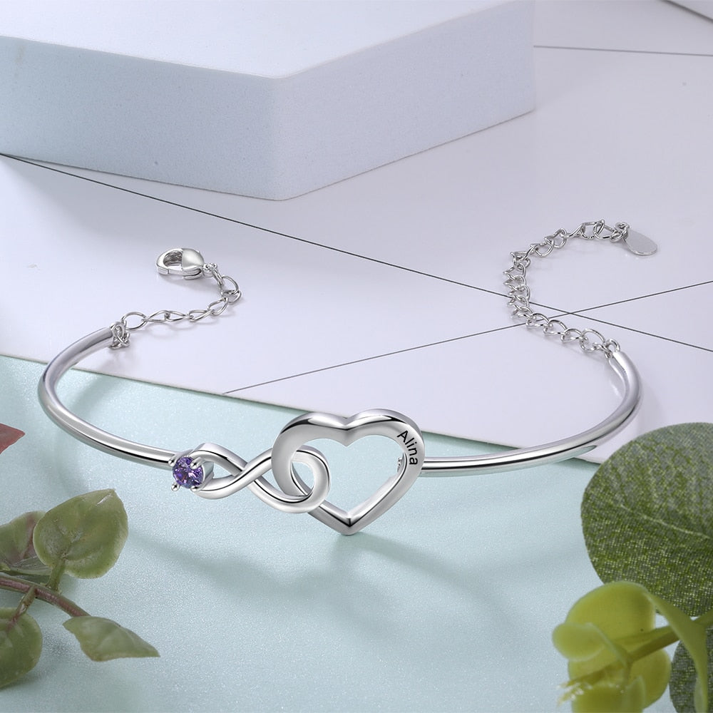 Personalised Infinity Birthstone & Name Engraved Heart Women's Bracelet
