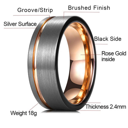 8mm Offset Rose Gold Groove, Silver Brushed & Black Edge Tungsten Men's Ring