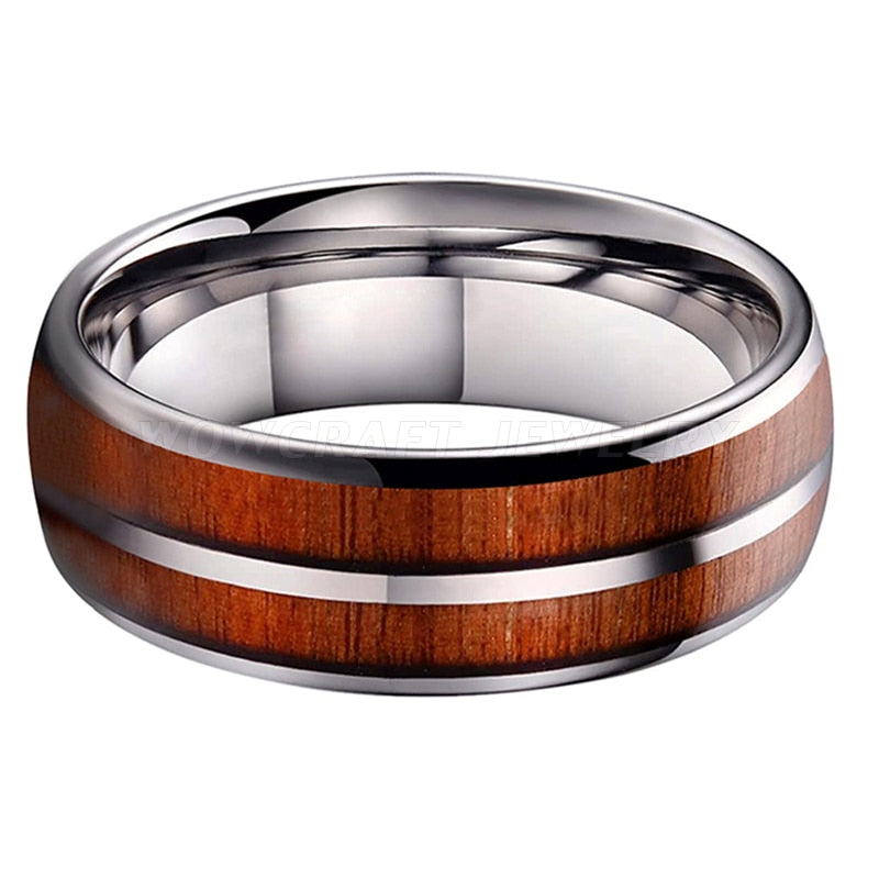 8mm Wood Inlay Comfort Fit Silver Tungsten Men's Ring