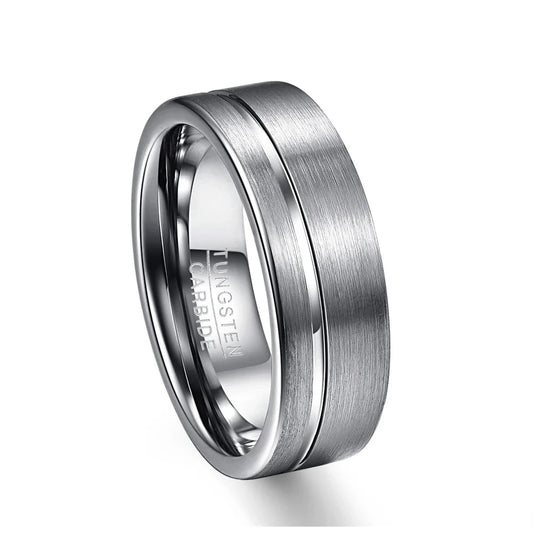 8mm Polished Grooved & Brushed Silver Tungsten Men's Ring