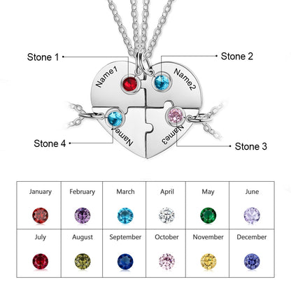 4 Personalized Name Engraved Birthstones Heart Stainless Steel Women's Necklaces (4pc/set)