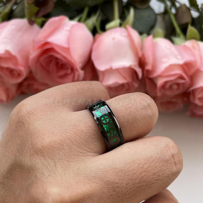 6mm, 8mm Green Opal Gear Inlay Black Tungsten Unisex Ring
