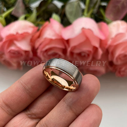 8mm Centre Brushed Silver & Rose Gold Tungsten Men's Ring