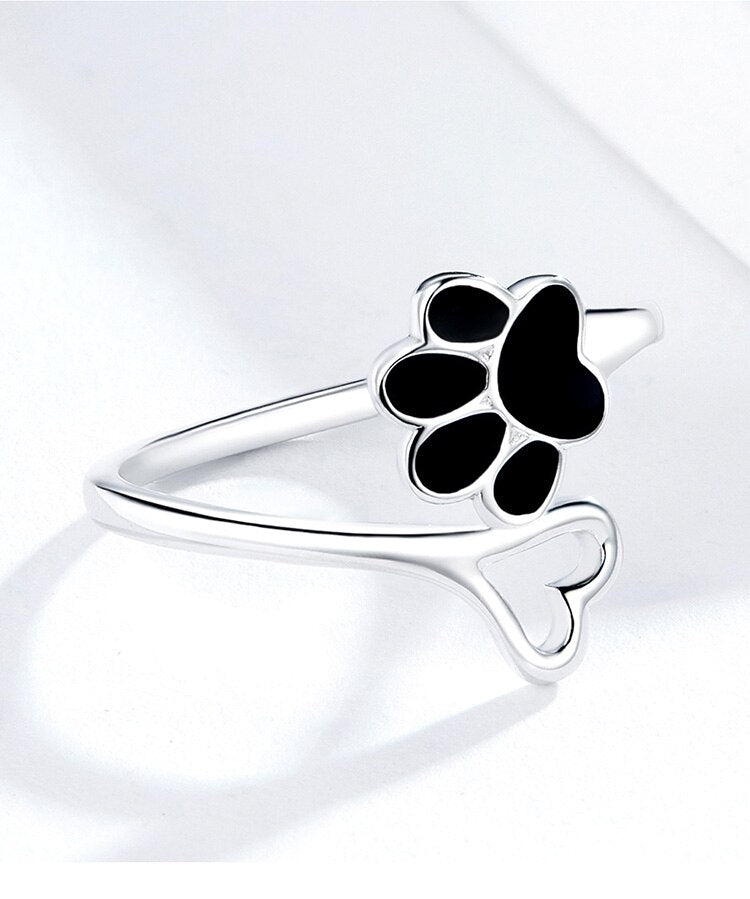 Pet Cat Dog Black Paw Print Heart Sterling Silver 925 Adjustable Women's Ring