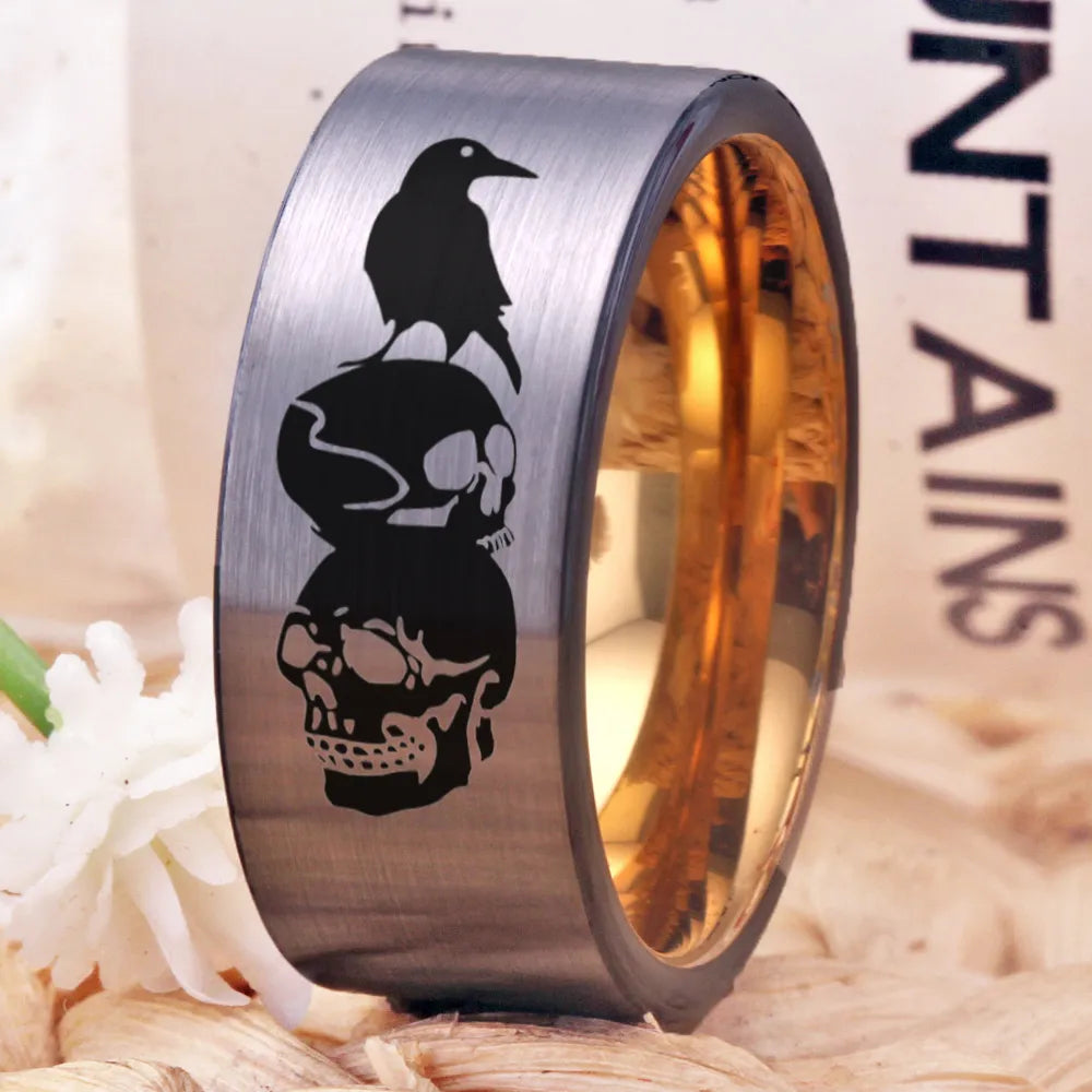 10mm Halloween Goth Odin Raven With Skulls Silver & Gold Unisex Tungsten Ring