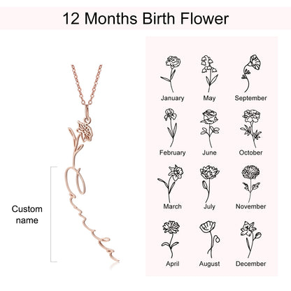 Personalized Birth Flower & Vertical Cursive Nameplate 925 Sterling Silver Copper Necklace