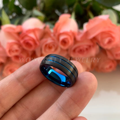 8mm Double Blue Groove & Black Tungsten Men's Ring