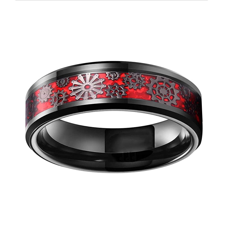 6mm & 8mm Stationary Gears Design Red Carbon Fibre Inlay & Black Tungsten Unisex Rings