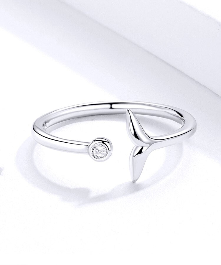 Minimalist Whale Tail & Round CZ Stone 925 Sterling Silver Adjustable Women's Ring