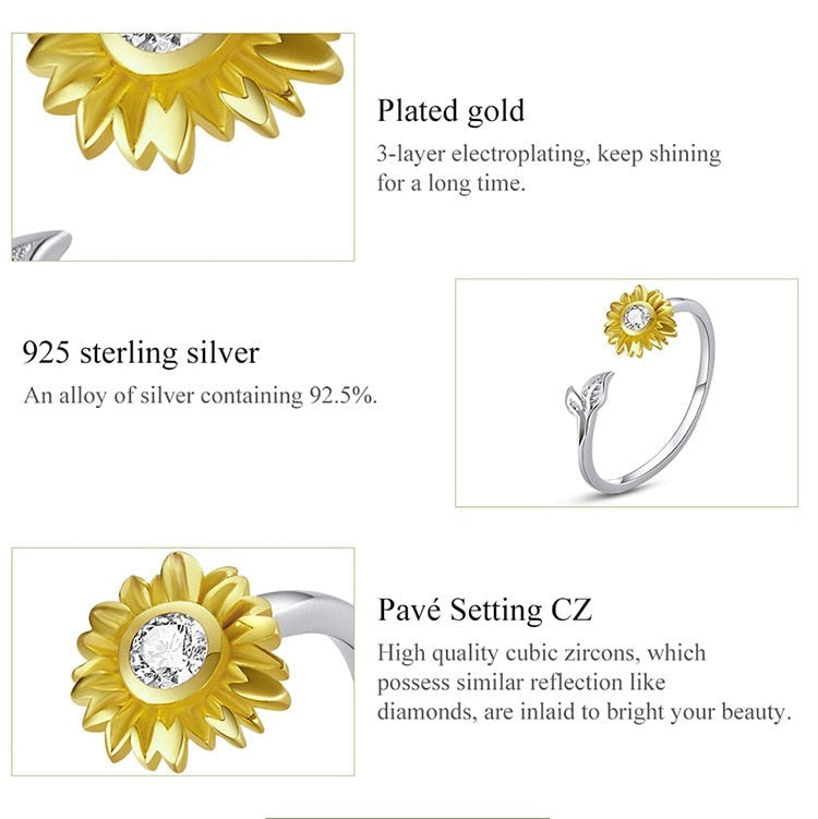 Sunflower Spring 925 Sterling Silver Adjustable Women's Ring