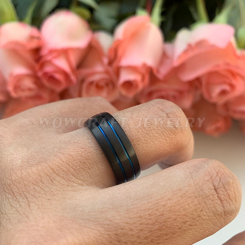 8mm Double Blue Groove & Black Tungsten Men's Ring
