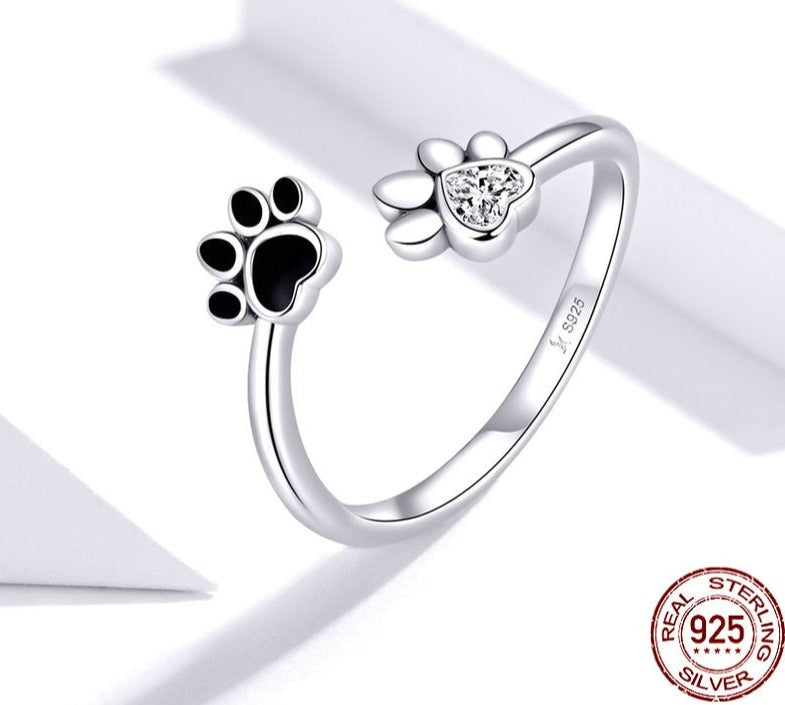 Cute Cat Dog Pets Paw Prints 925 Sterling Silver Adjustable Women's Ring