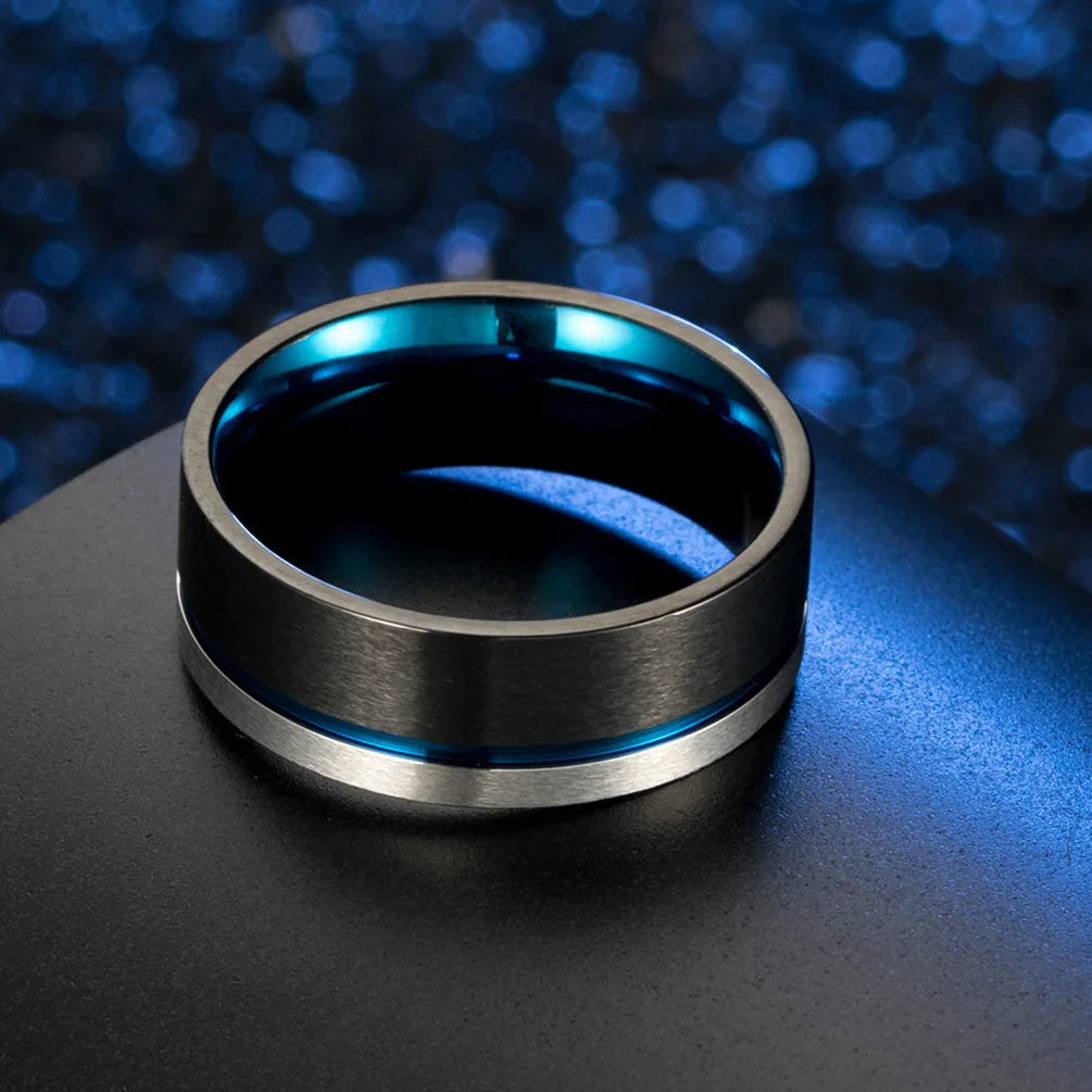8mm Electroplate Blue, Black & Silver Tungsten Men's Ring