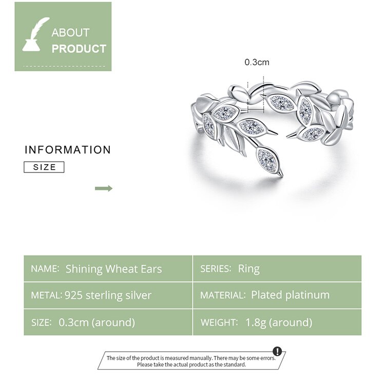 Nature Leaves CZ Stones 925 Sterling Silver Shining Adjustable Women's Ring
