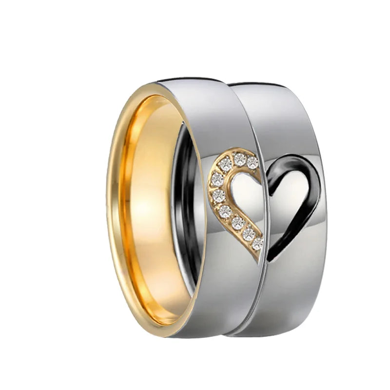 6mm Gold, Silver & Black Polished/Brushed Dome Heart Shape Titanium Couples Rings (2pc/Set)