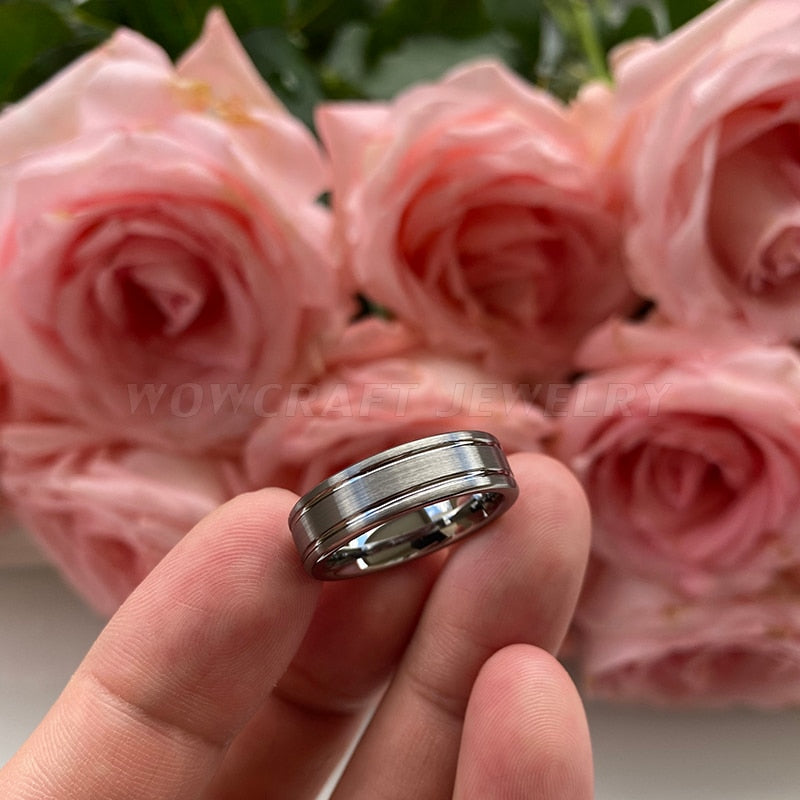 6mm Double Grooved Silver Tungsten Men's Ring
