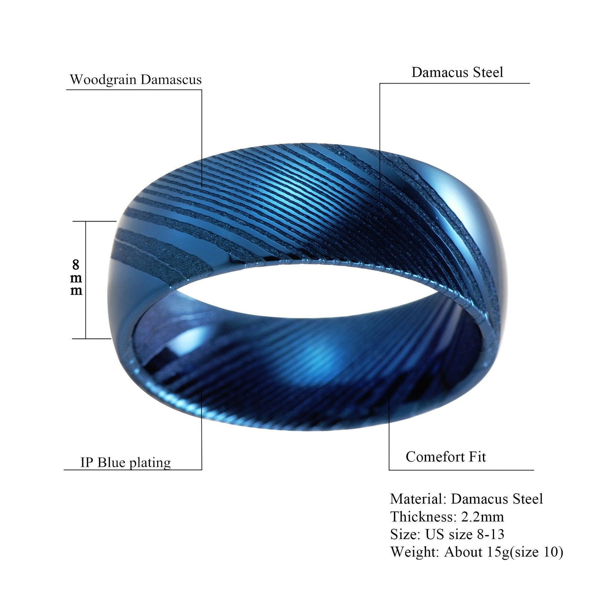 8mm Blue Woodgrain Damascus Steel Blue Men's Ring