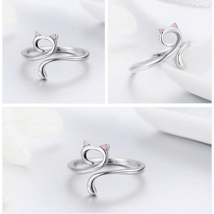 Cute Cat With Pink Ears 925 Sterling Silver Women's Ring