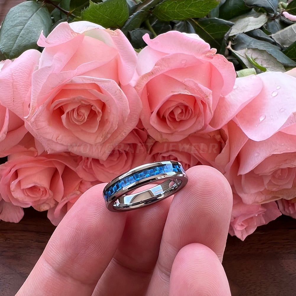 4mm Light Blue Carbon Fibre Inlay Silver Tungsten Unisex Ring
