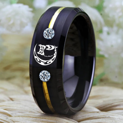 Owl With Moon & Cubic Zirconias Black Tungsten Unisex Ring (3 Colors)