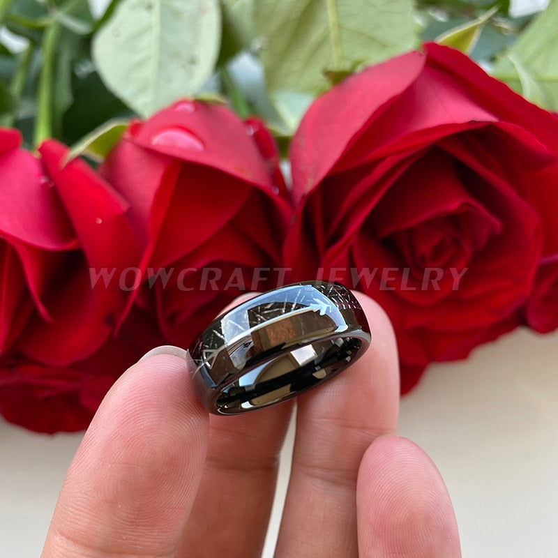 8mm Meteorite Koa Wood Steel Arrow Inlay Black Tungsten Men's Ring
