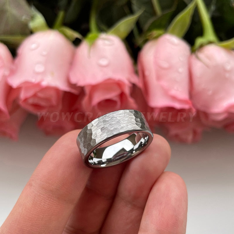 8mm Hammered Silver Tungsten Men's Ring