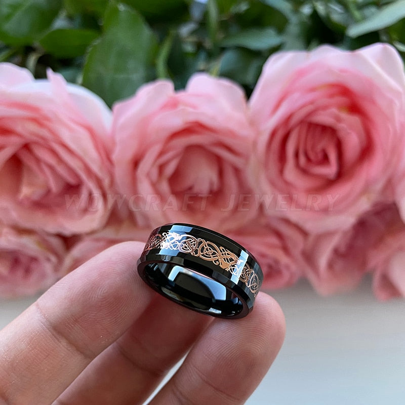 8mm Rose Gold Dragon inlay Black Tungsten Men's Ring
