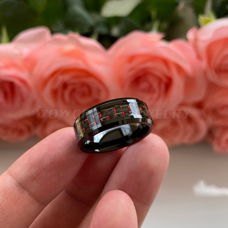 8mm Red Carbon Fibre Black Tungsten Men's Ring