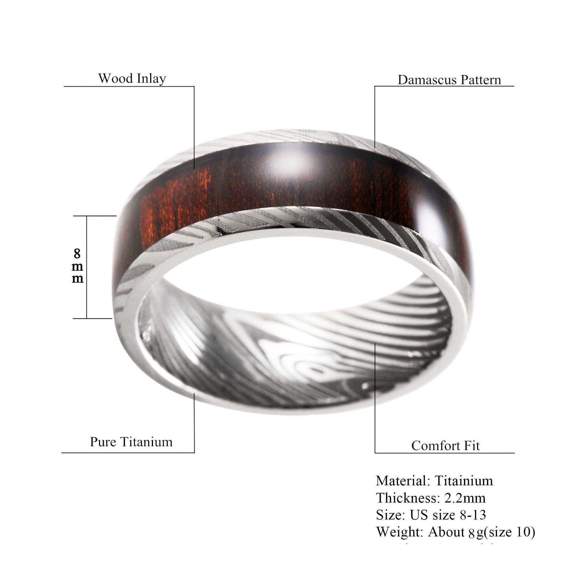 8mm Rose Wood Inlay Damascus Pattern Titanium Men's Ring