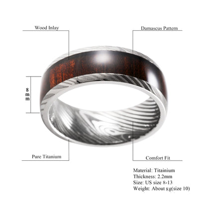 8mm Rose Wood Inlay Damascus Pattern Titanium Men's Ring
